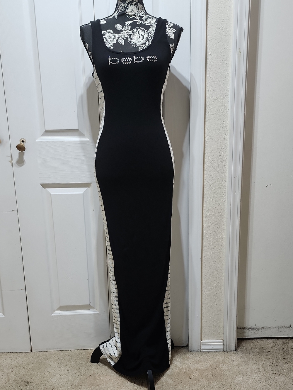 Bebe Black Maxi Dress with White Lace Side Panels and Crystal Logo S